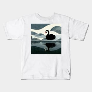 Graceful black swan swimming with reflection in the water. Kids T-Shirt